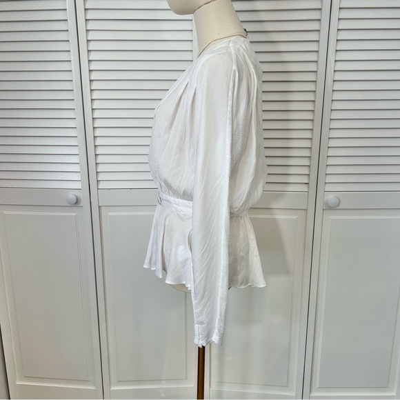 SOLD💗 Express White Satin Long Sleeve Faux Wrap Top Deep V-neck Ruffle Blouse - Picture 3 of 12